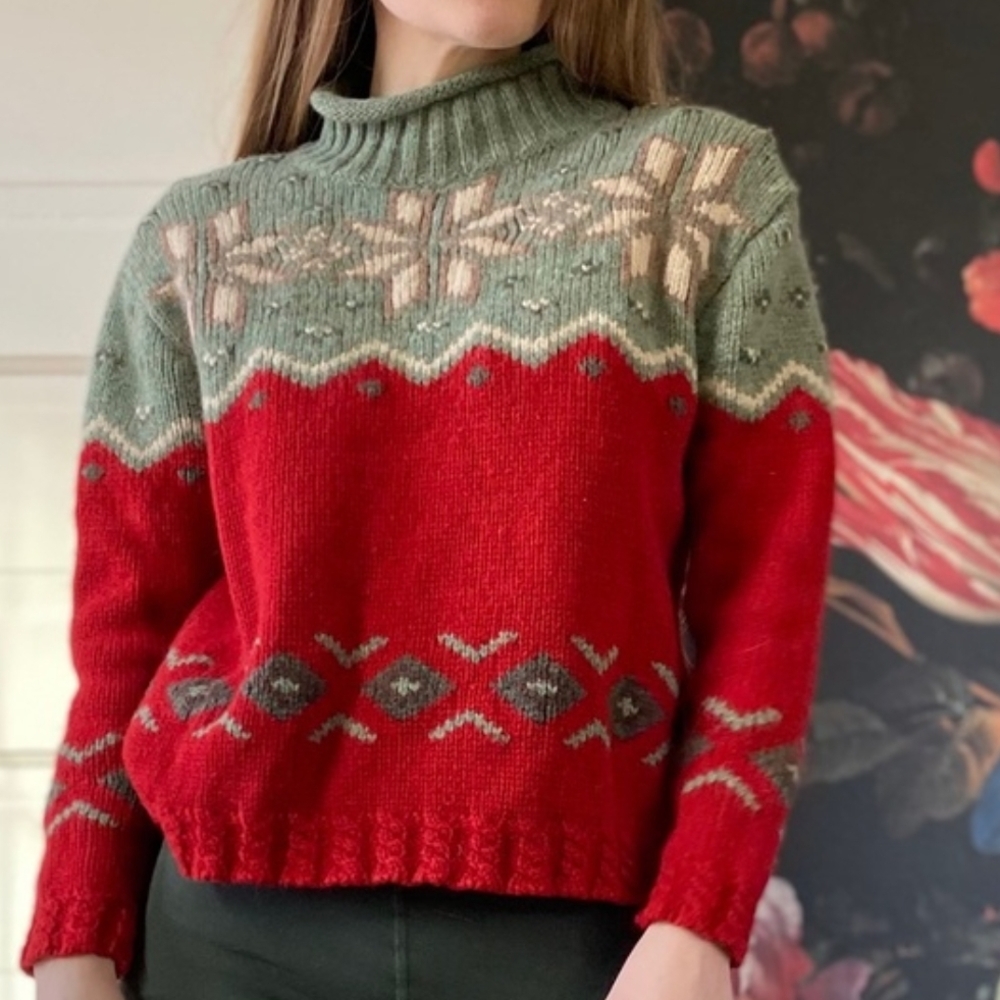 Eddie Bauer Red & Green Nordic Turtleneck Sweater Vintage 100% Wool